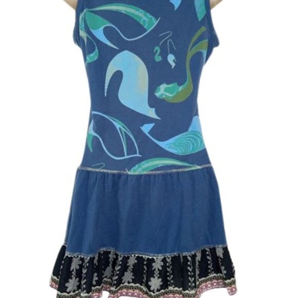 Neslay Paris Womens Mini Dress Blue Multicolor Art to Wear Beaded Ruffle Hem S - Picture 3 of 3